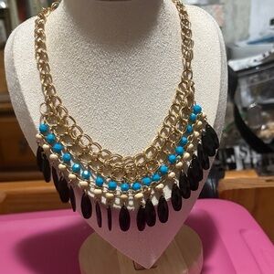 Gold and Black Statement Necklace with Turquoise Accents